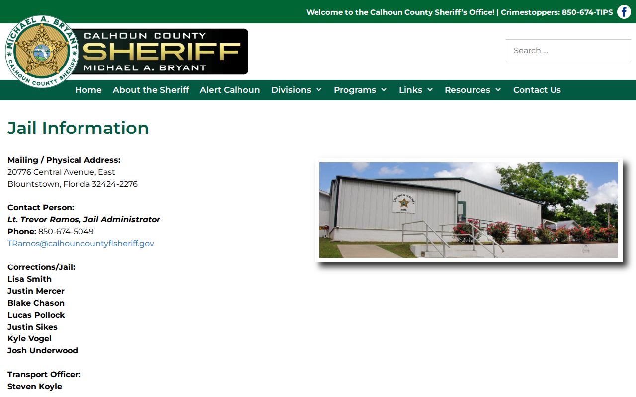Calhoun County Sheriff jail information and contact page